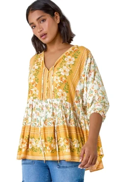 Tops>Roman Yellow Floral Border Print V-Neck Overshirt