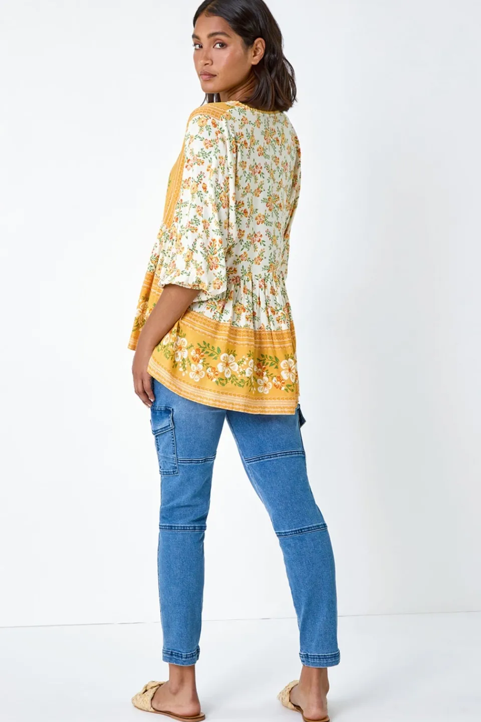 Tops>Roman Yellow Floral Border Print V-Neck Overshirt