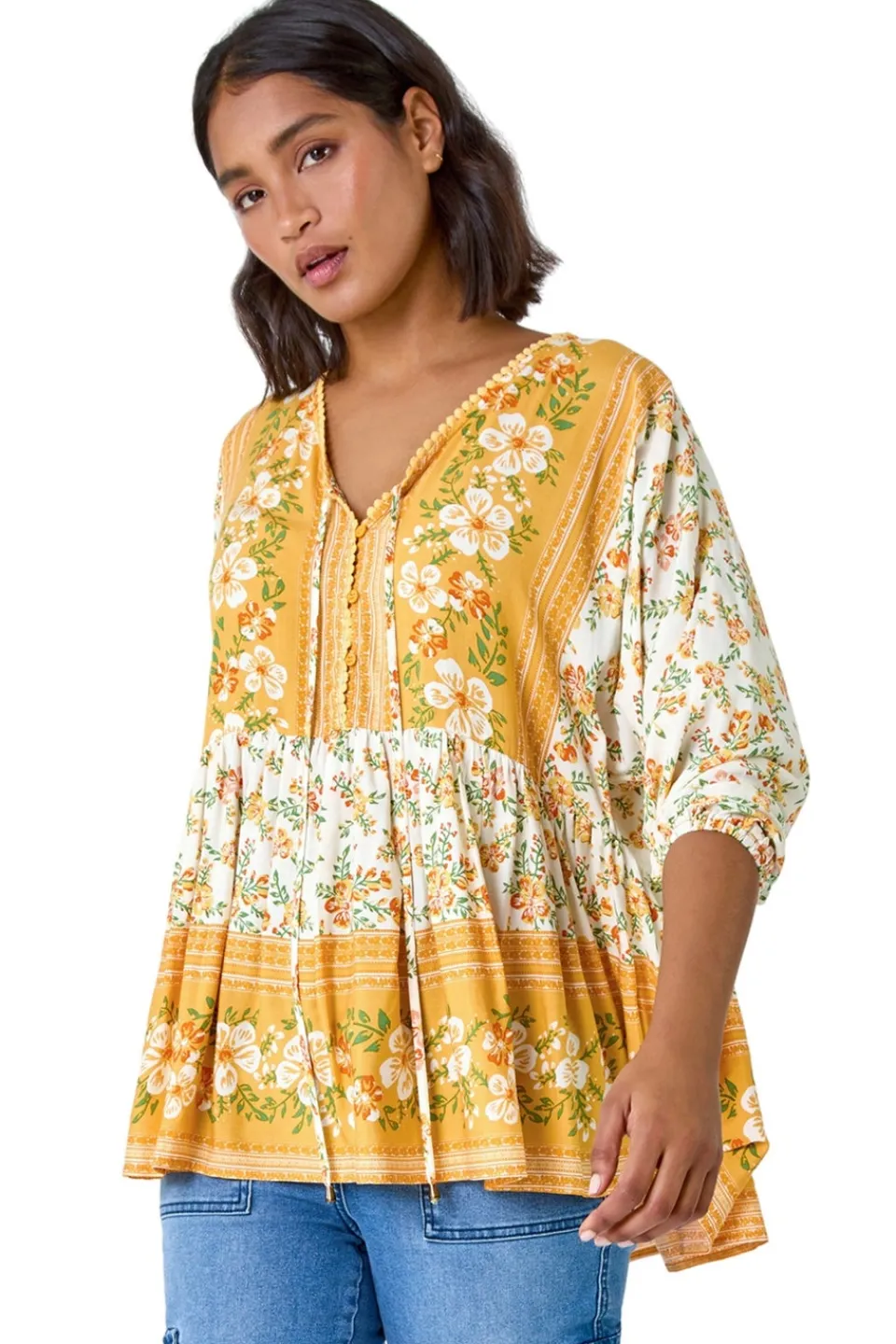 Tops>Roman Yellow Floral Border Print V-Neck Overshirt