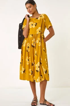 Dresses>Roman Yellow Floral Print Smock Midi Dress