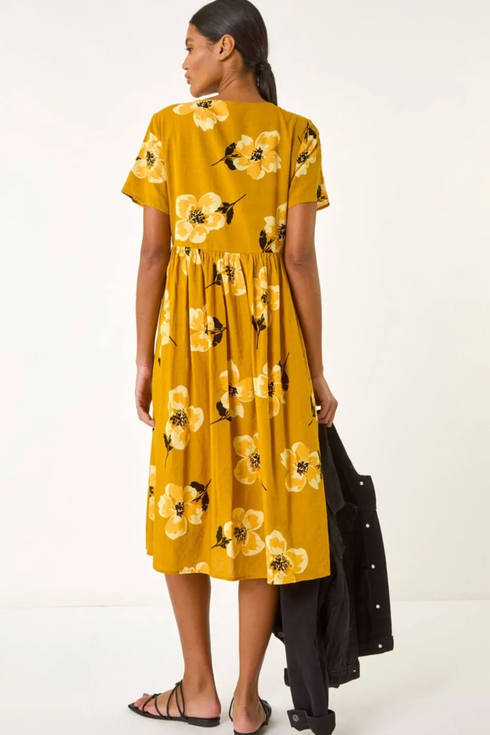 Dresses>Roman Yellow Floral Print Smock Midi Dress