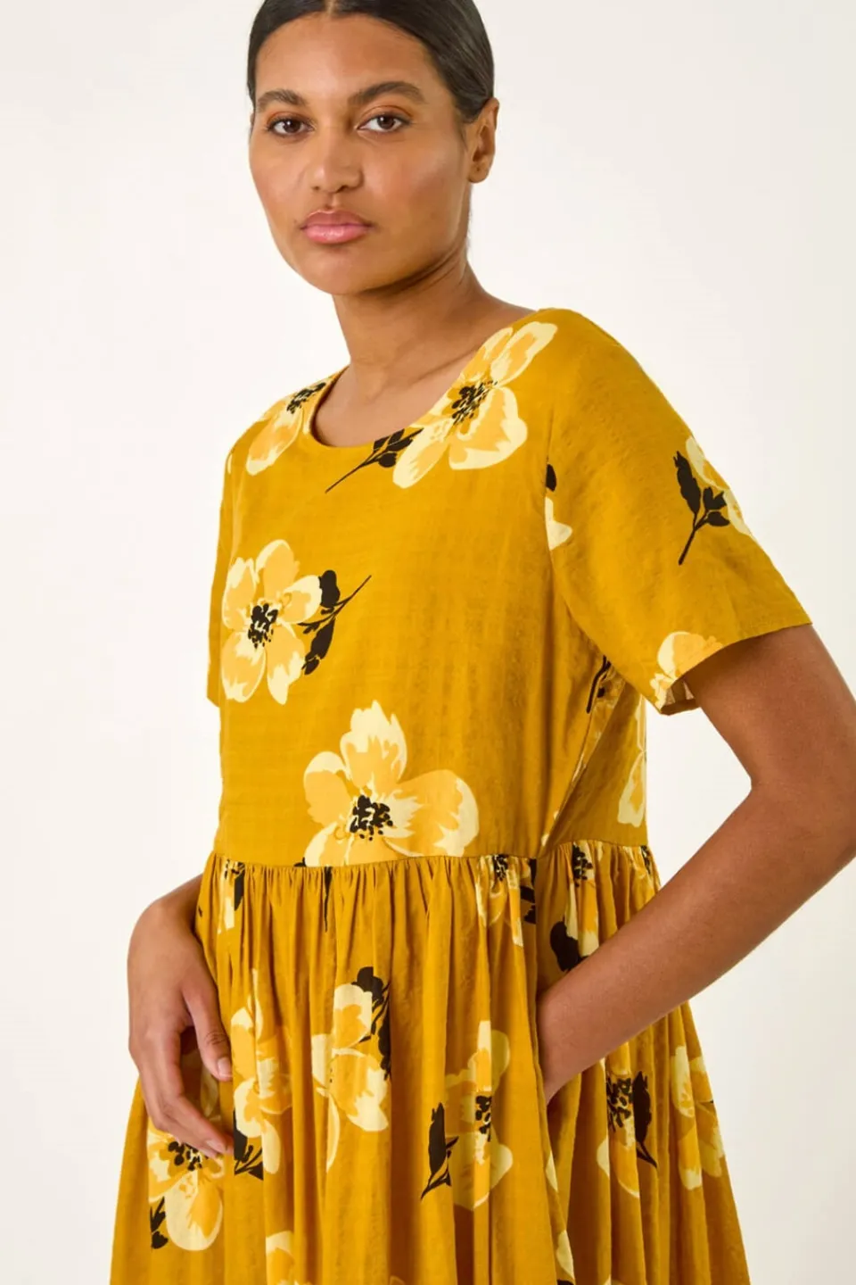 Dresses>Roman Yellow Floral Print Smock Midi Dress