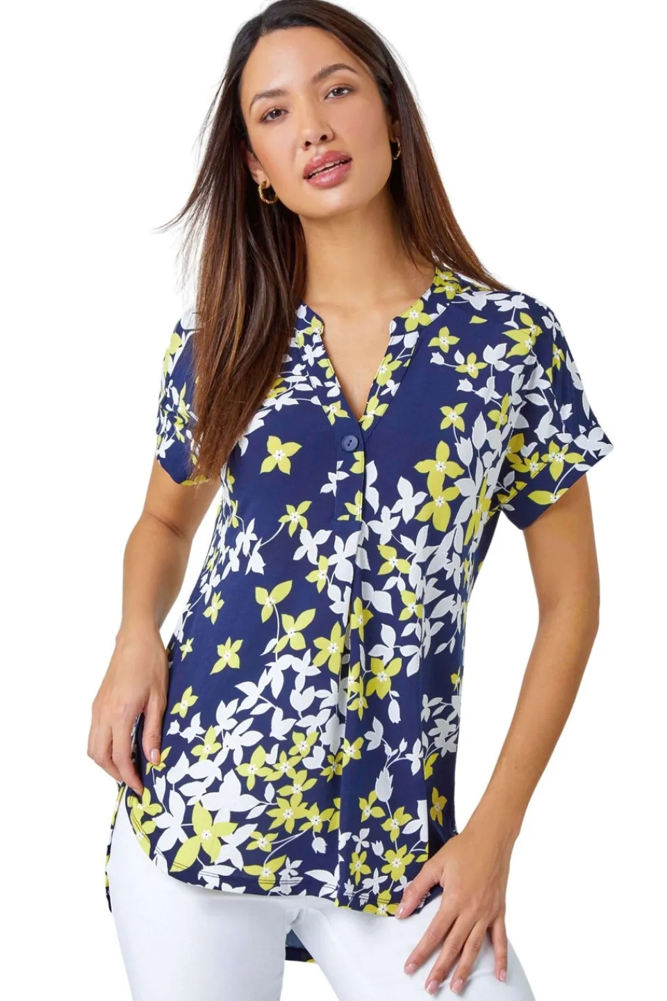 Tops>Roman Yellow Floral Puff Print V-Neck Pleat Front Top