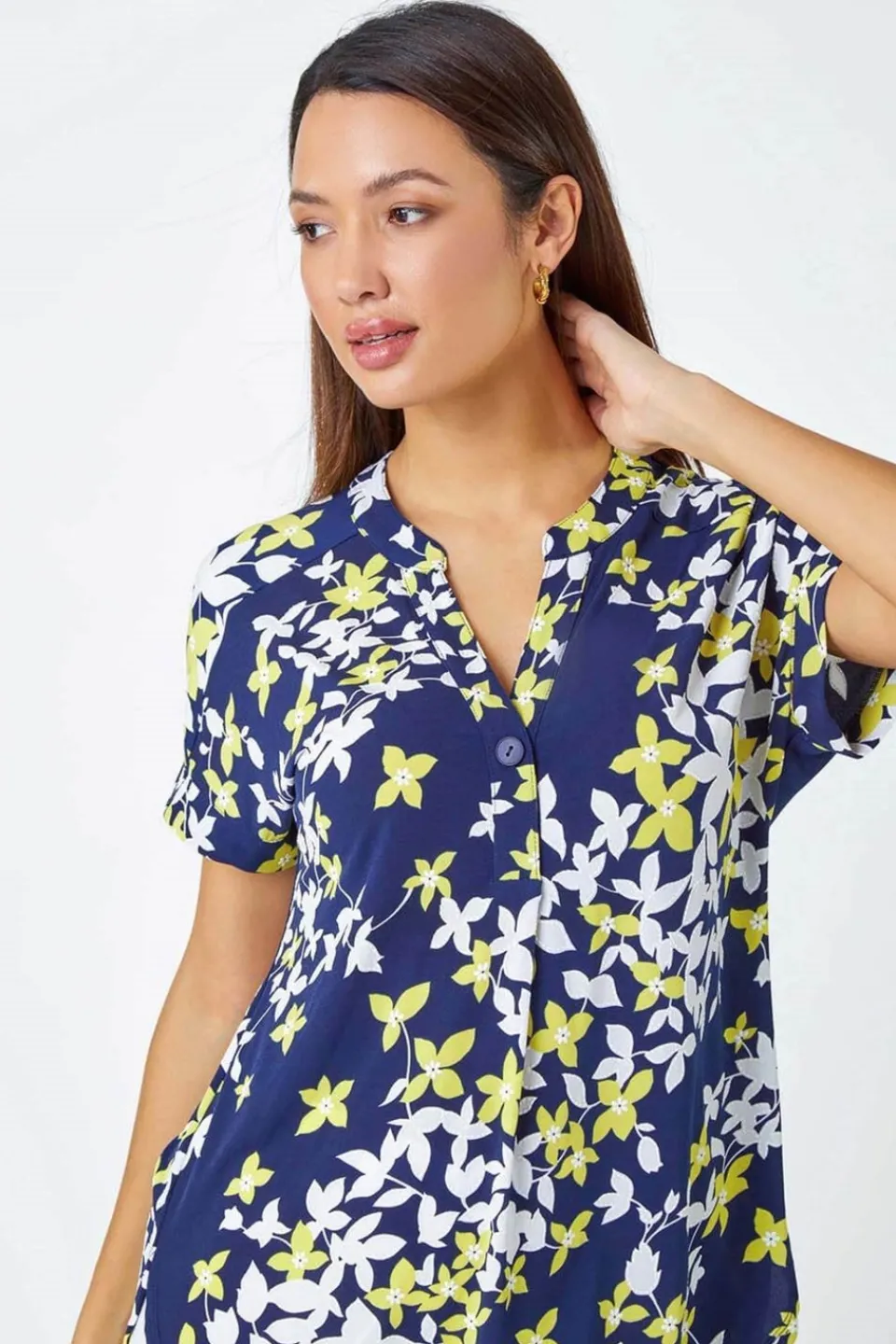 Tops>Roman Yellow Floral Puff Print V-Neck Pleat Front Top