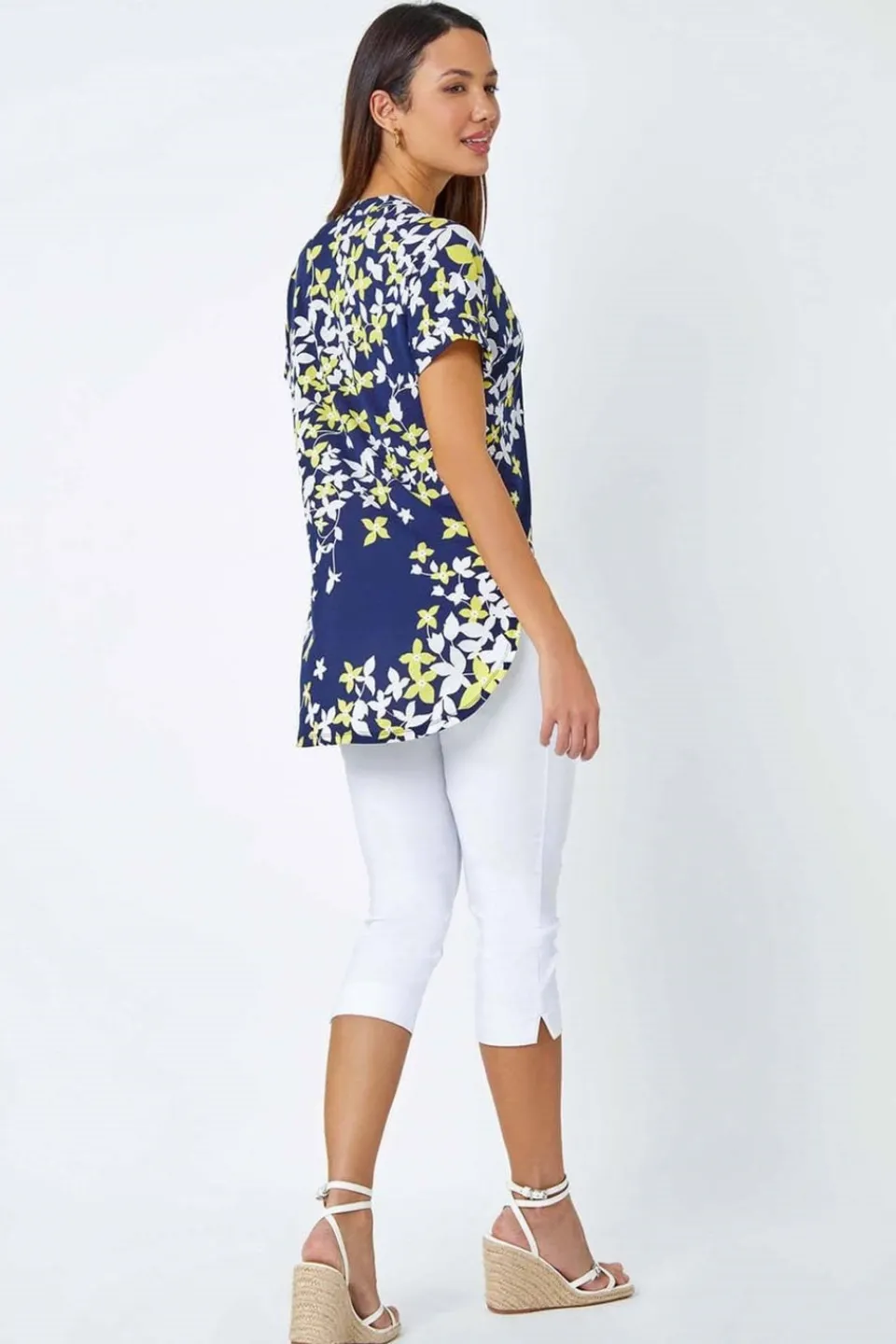 Tops>Roman Yellow Floral Puff Print V-Neck Pleat Front Top