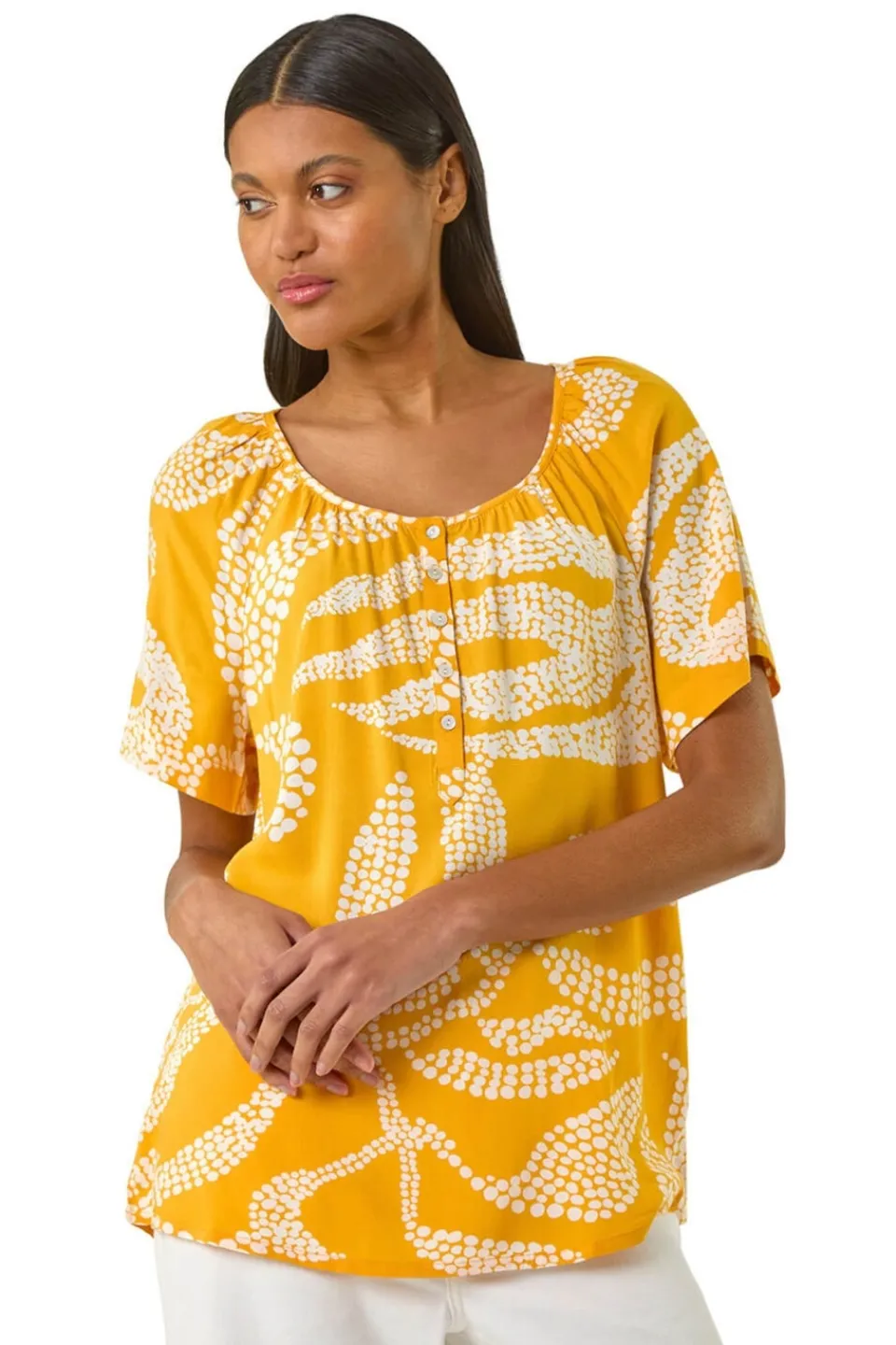 T-Shirts>Roman Yellow Leaf Print Button Detail Top