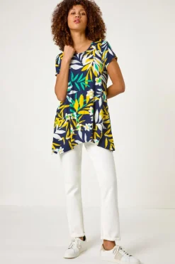 Tops>Roman Yellow Leaf Print Hanky Hem Tunic Top