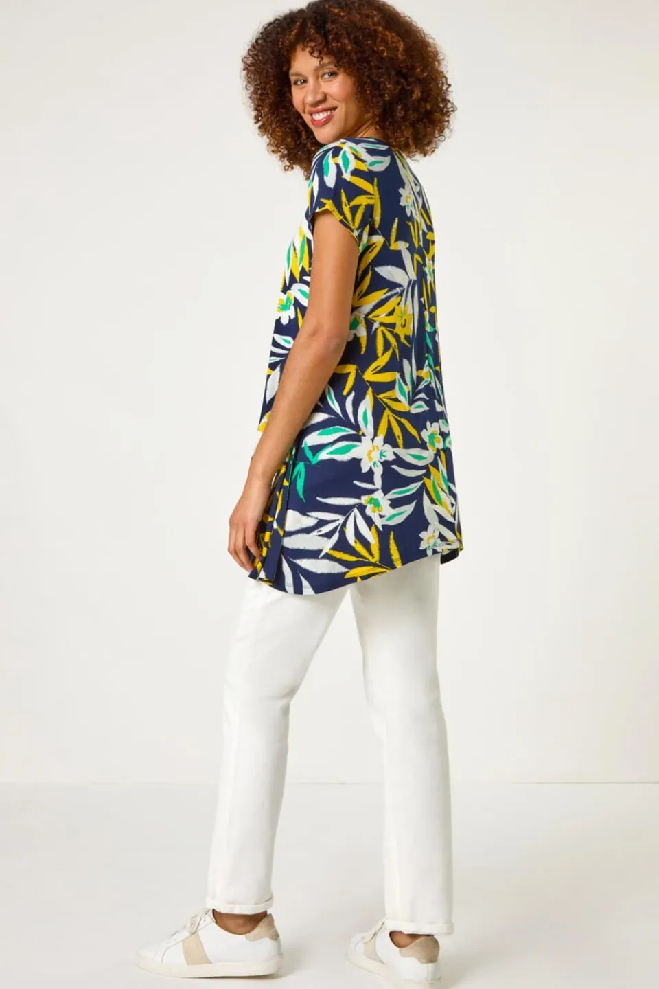 Tops>Roman Yellow Leaf Print Hanky Hem Tunic Top