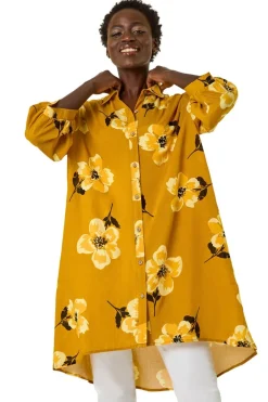 Tops>Roman Yellow Longline Floral Print Blouse