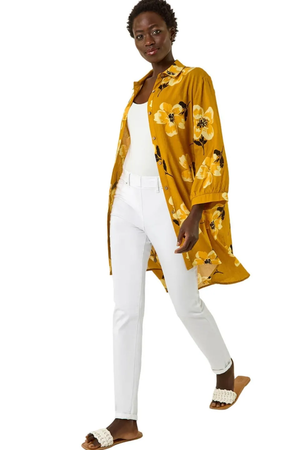 Tops>Roman Yellow Longline Floral Print Blouse