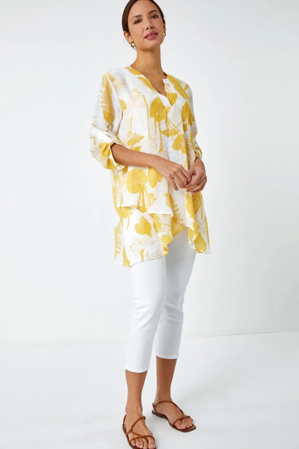 T-Shirts>Roman Palm Print V-Neck Wrap Hem Tunic Top Yellow
