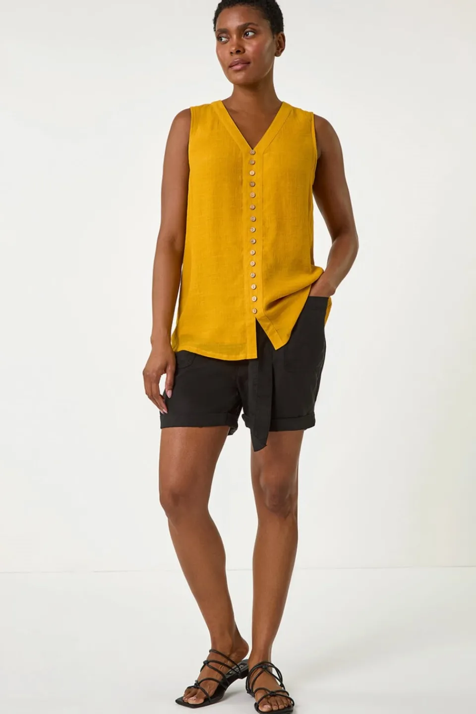 Tops>Roman Yellow Sleeveless Button Detail Vest
