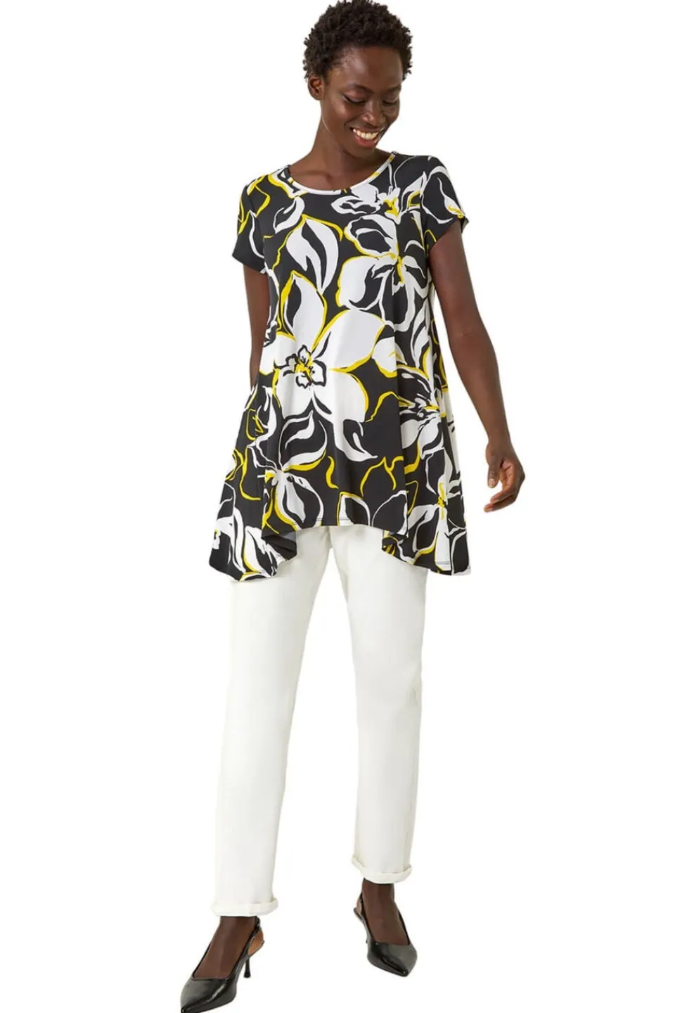Tops>Roman Yellow Textured Floral Hanky Hem Top