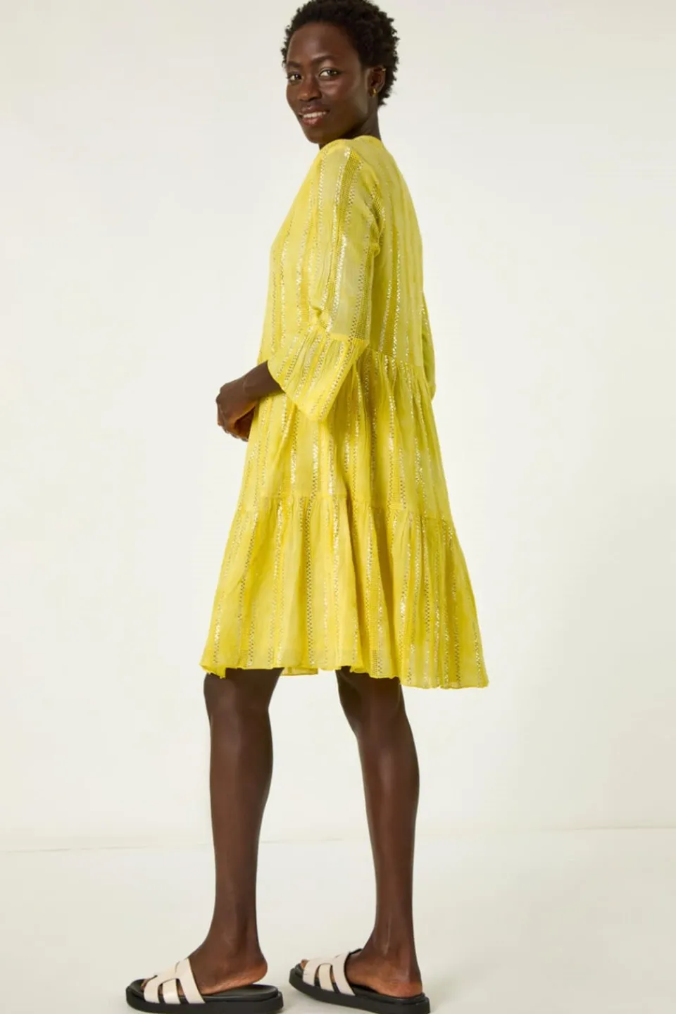 Dresses>Roman Yellow Tie Dye Shimmer Smock Dress