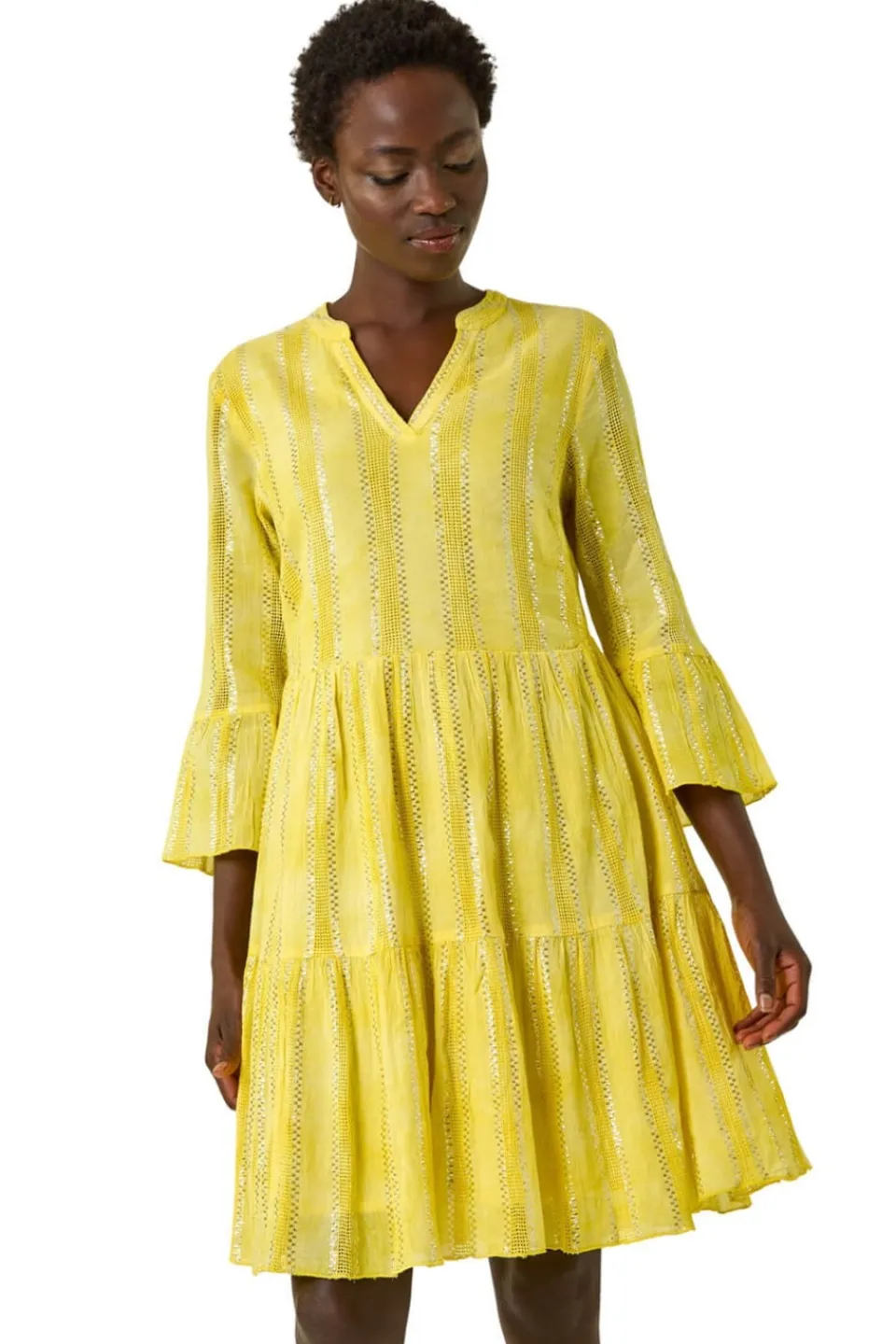 Dresses>Roman Yellow Tie Dye Shimmer Smock Dress