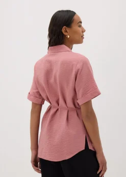 Tops>Papaya Rose Pink Tie Waist Longline Shirt
