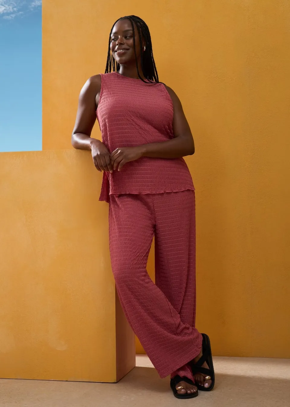 Trousers>Papaya Rust Textured Co Ord Trousers