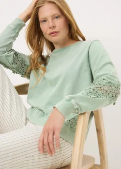 Tops>Papaya Sage Green Acid Wash Broderie Detail Sweatshirt