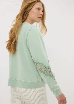 Tops>Papaya Sage Green Acid Wash Broderie Detail Sweatshirt