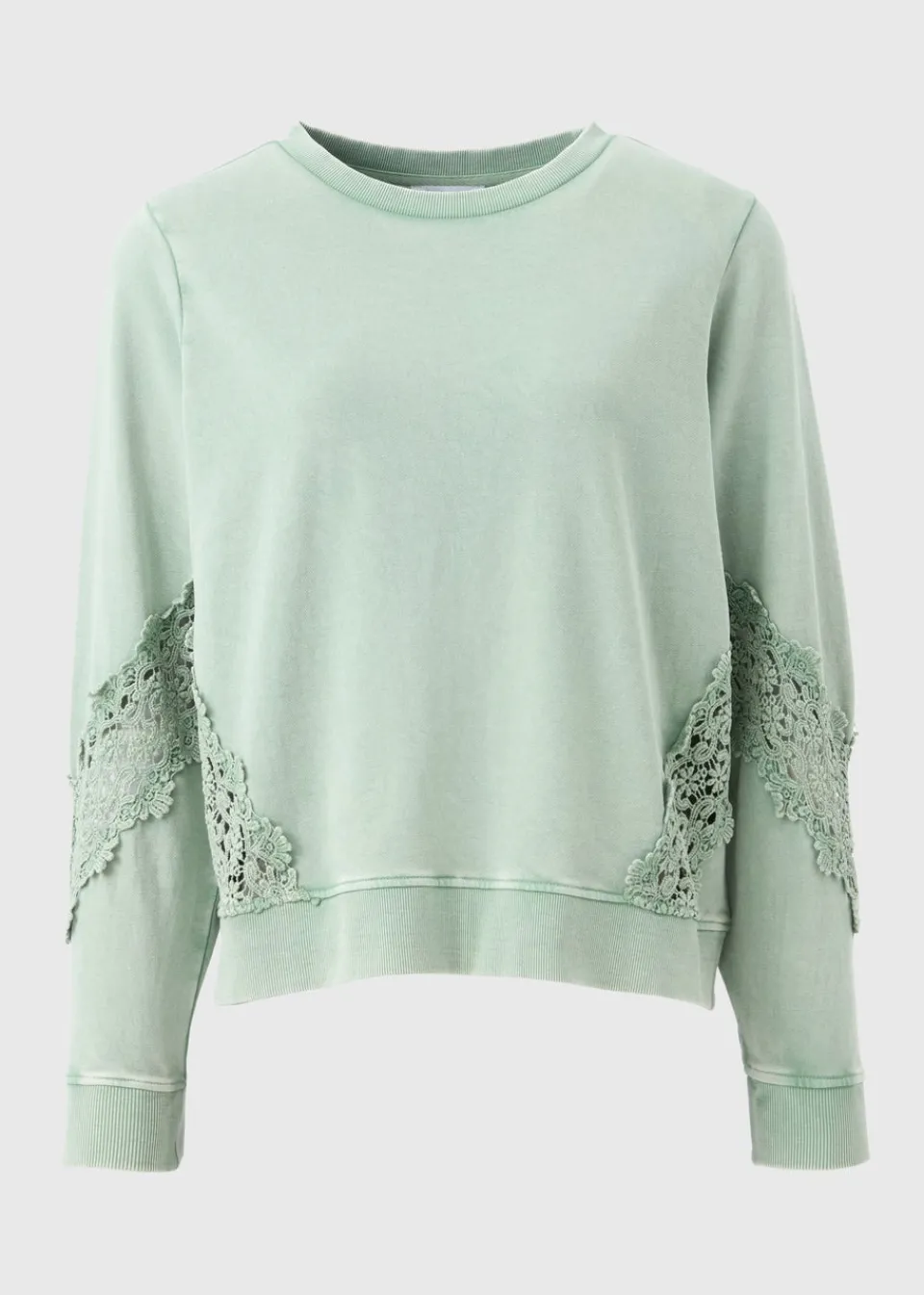 Tops>Papaya Sage Green Acid Wash Broderie Detail Sweatshirt