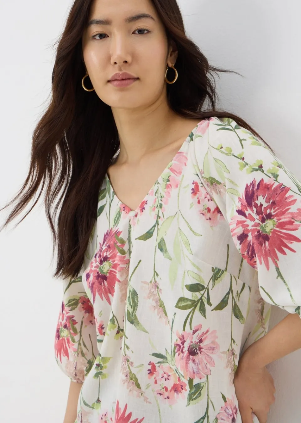 Tops>Papaya Sage Green Floral Tea Blouse