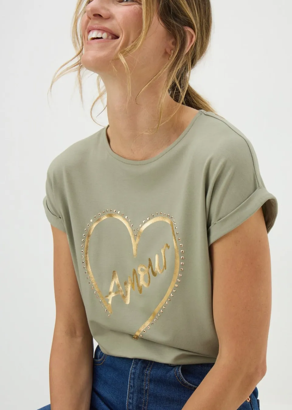 T-Shirts>Papaya Sage Green Heart Stud T-Shirt