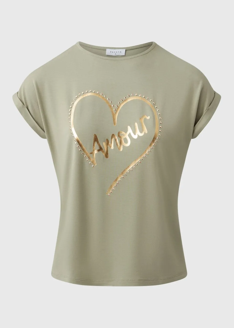 T-Shirts>Papaya Sage Green Heart Stud T-Shirt