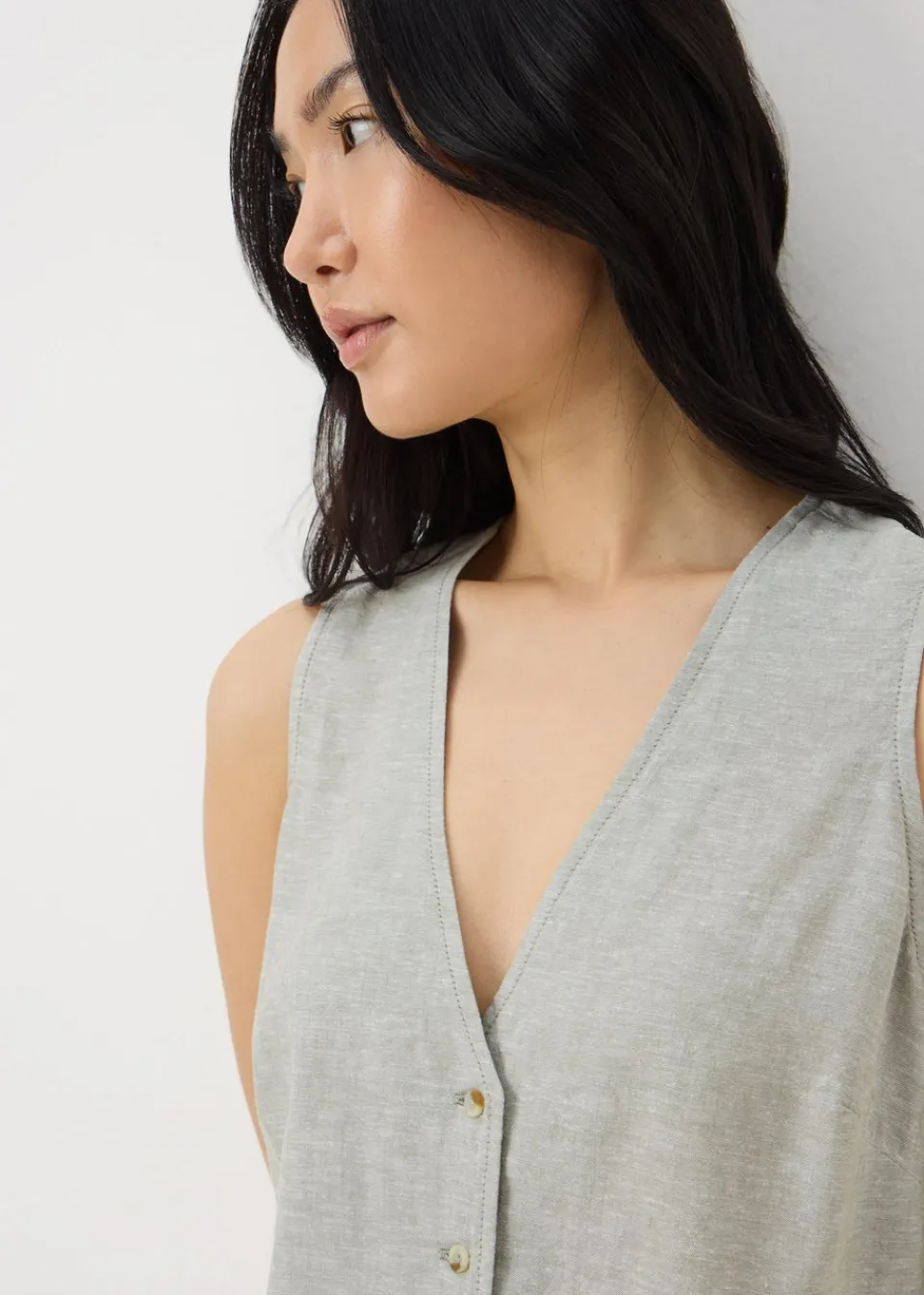 Tops>Papaya Sage Green Linen Blend Button Up Vest Top Sagegreen