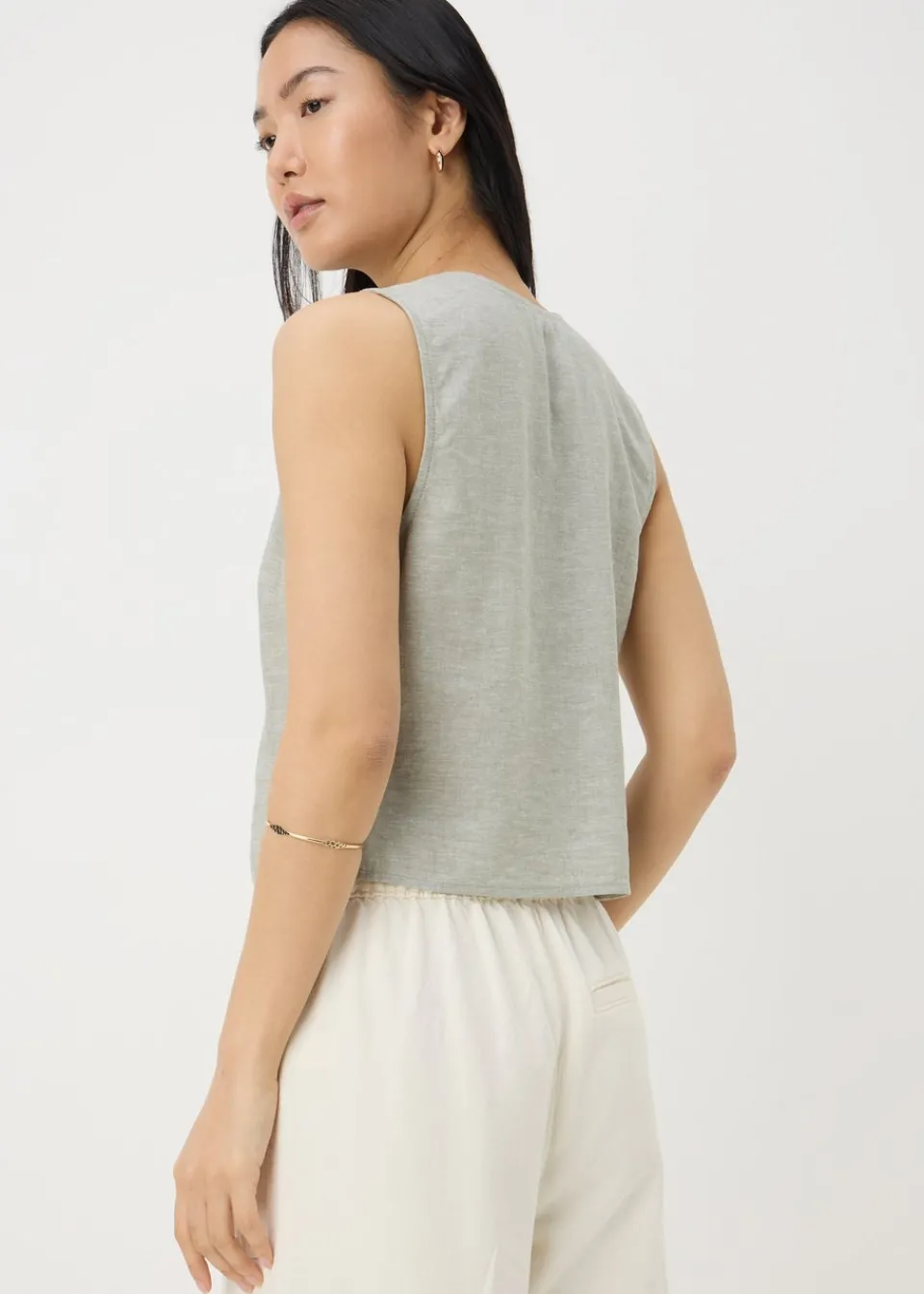 Tops>Papaya Sage Green Linen Blend Button Up Vest Top Sagegreen
