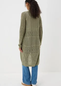 Knitwear>Papaya Sage Green Pointelle Longline Cardigan Sagegreen