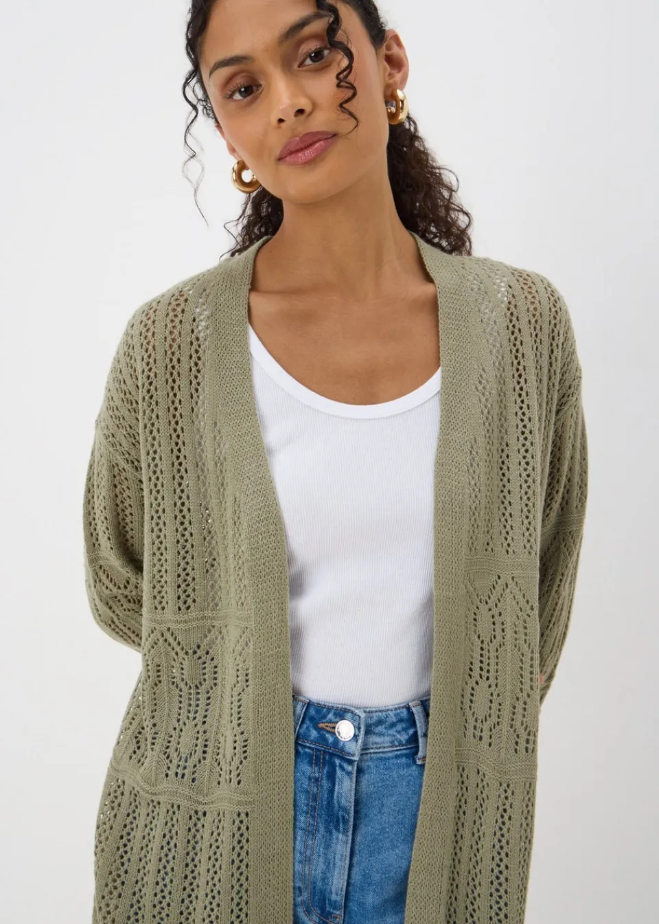 Knitwear>Papaya Sage Green Pointelle Longline Cardigan Sagegreen