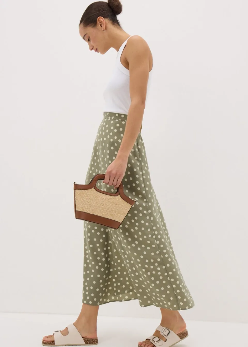Skirts>Papaya Sage Green Spot Flared Hem Midaxi Skirt