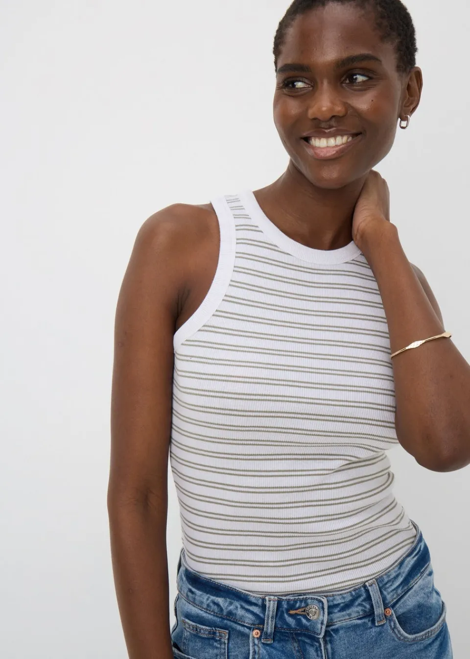 Tops>Papaya Sage Green Stripe High Neck Vest Top