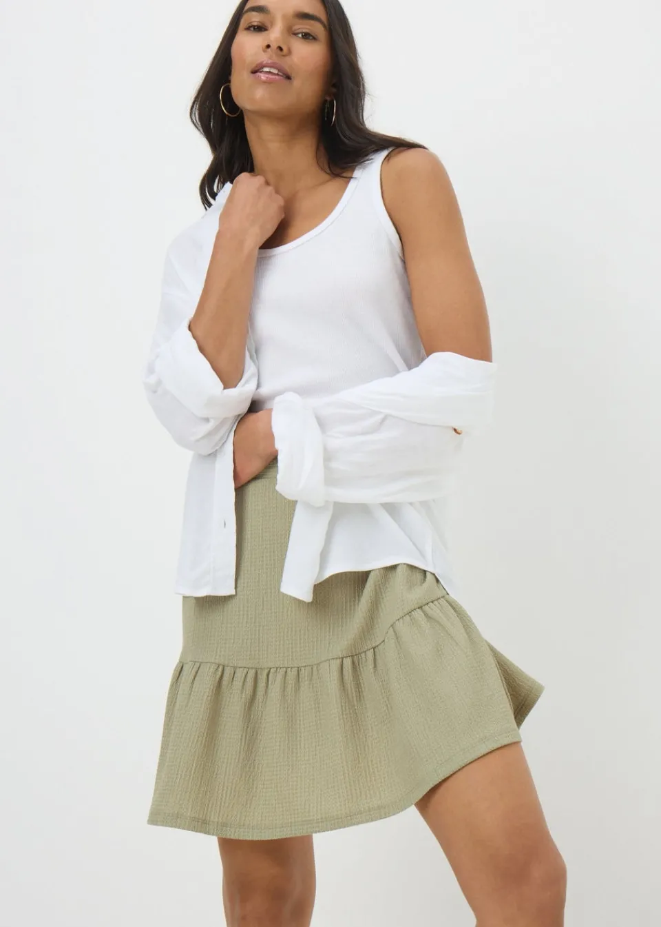 Skirts>Papaya Sage Green Textured Tiered Mini Skirt