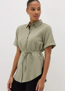 Tops>Papaya Sage Green Tie Waist Longline Shirt