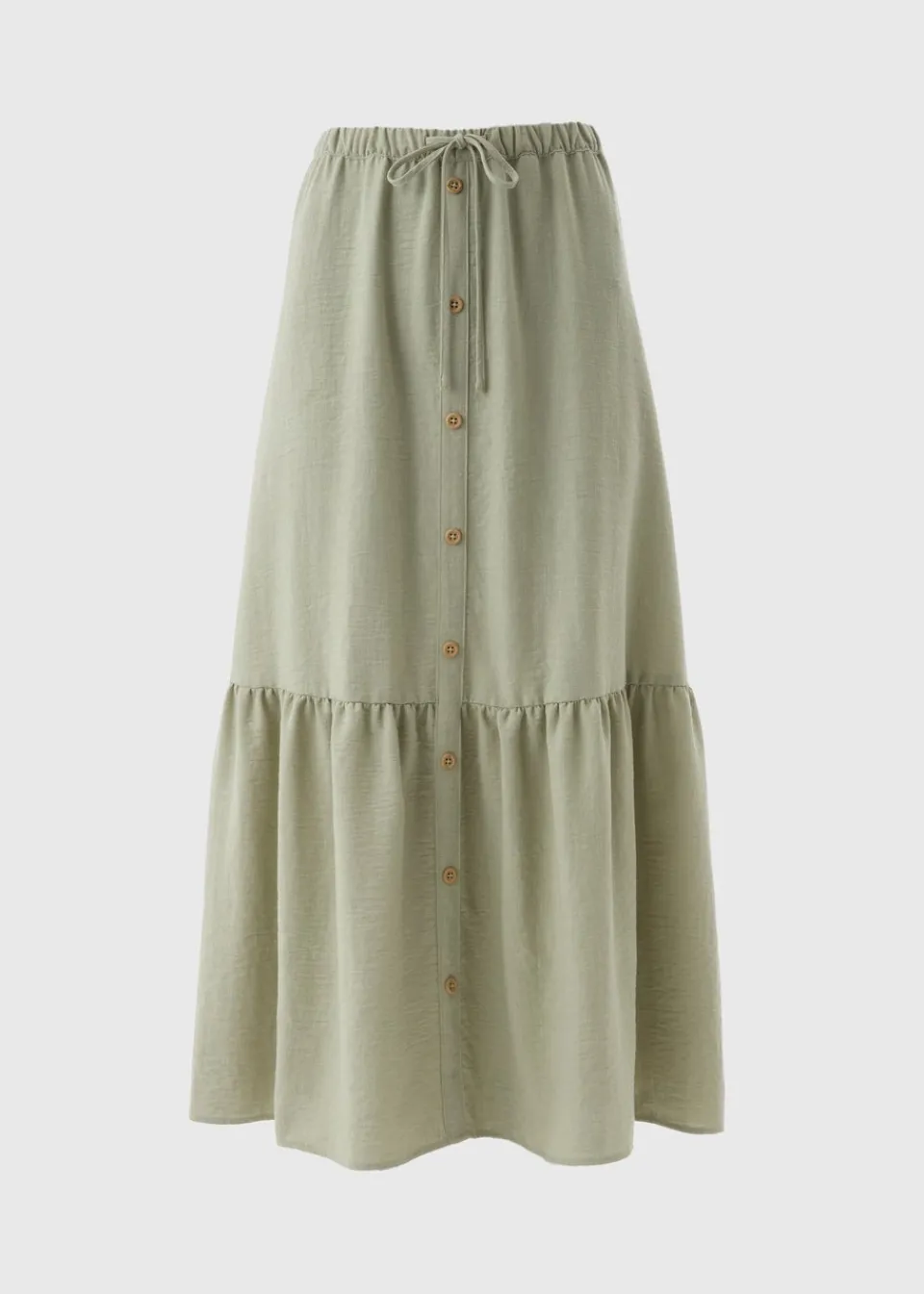 Skirts>Papaya Sage Green Tiered Button Front Midaxi Skirt