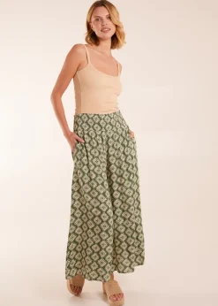 Trousers>Blue Vanilla Shirred Waist Wide Leg Aztec Trouser Khaki