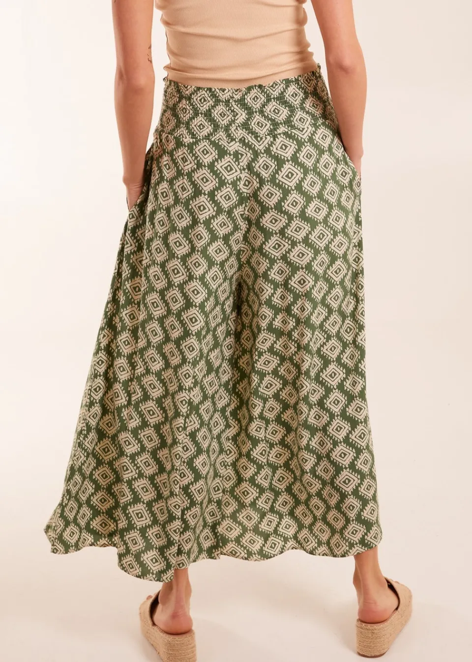 Trousers>Blue Vanilla Shirred Waist Wide Leg Aztec Trouser Khaki