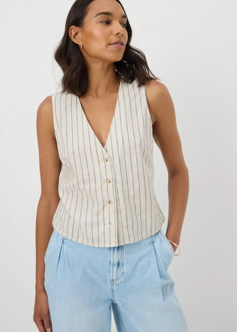 Tops>Papaya Stone Linen Blend Stripe Waistcoat