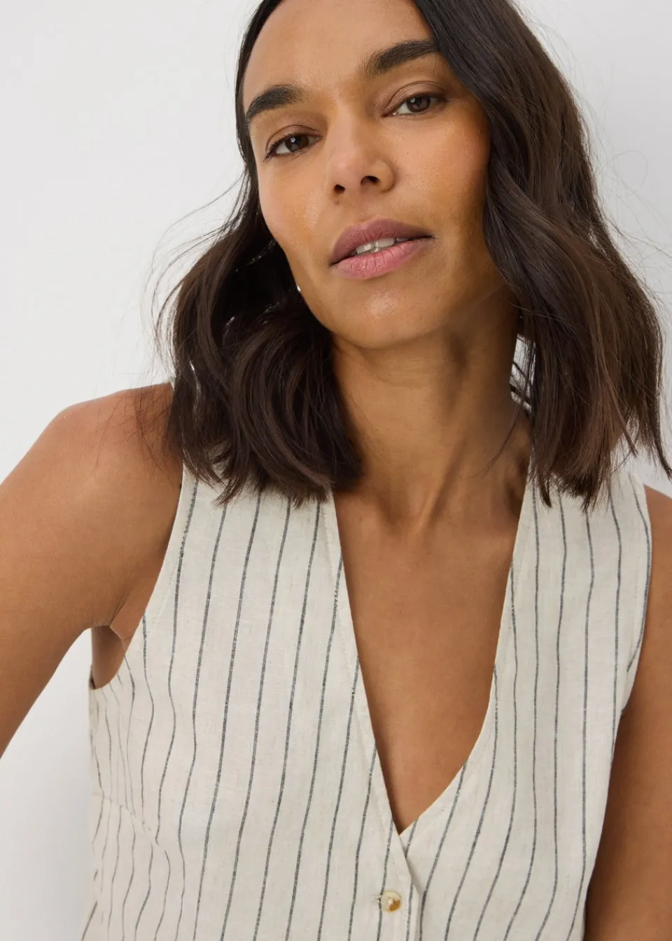 Tops>Papaya Stone Linen Blend Stripe Waistcoat