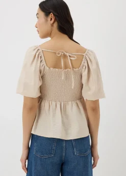 Tops>Papaya Stone Shirred Tie Back Blouse