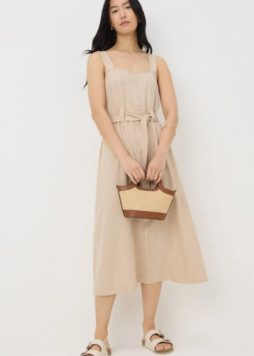 Dresses>Papaya Stone Stripe Square Neck Belted Midi Dress