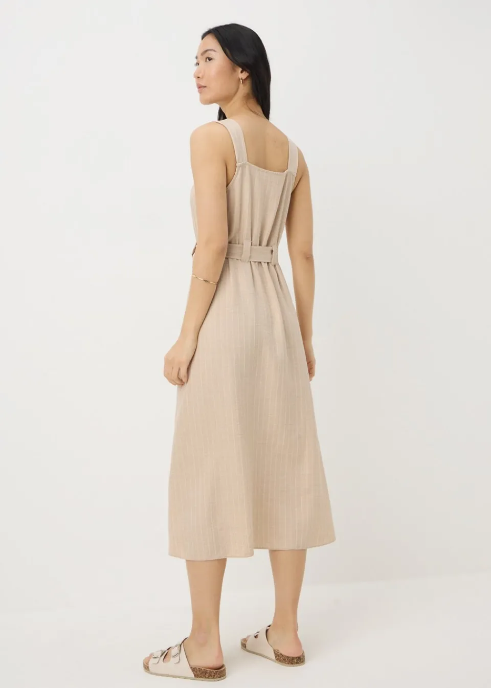 Dresses>Papaya Stone Stripe Square Neck Belted Midi Dress