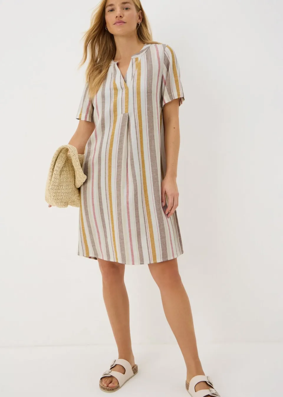 Dresses>Papaya Stripe Linen Blend Shift Mini Dress