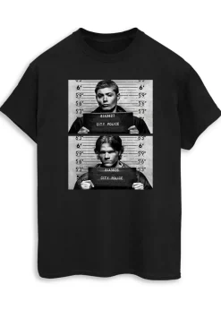 T-Shirts>Supernatural Winchester Mugshots Women Black Printed Boyfriend Fit T-Shirt