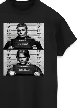 T-Shirts>Supernatural Winchester Mugshots Women Black Printed Boyfriend Fit T-Shirt