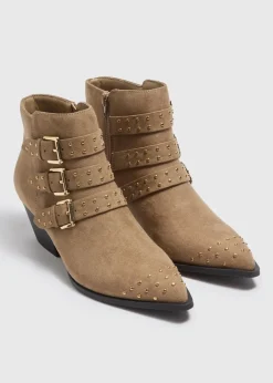 Footwear>Papaya Tan Studded Buckle Western Boots