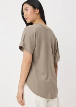 Tops>Papaya Linen Blend V-Neck Top Taupe