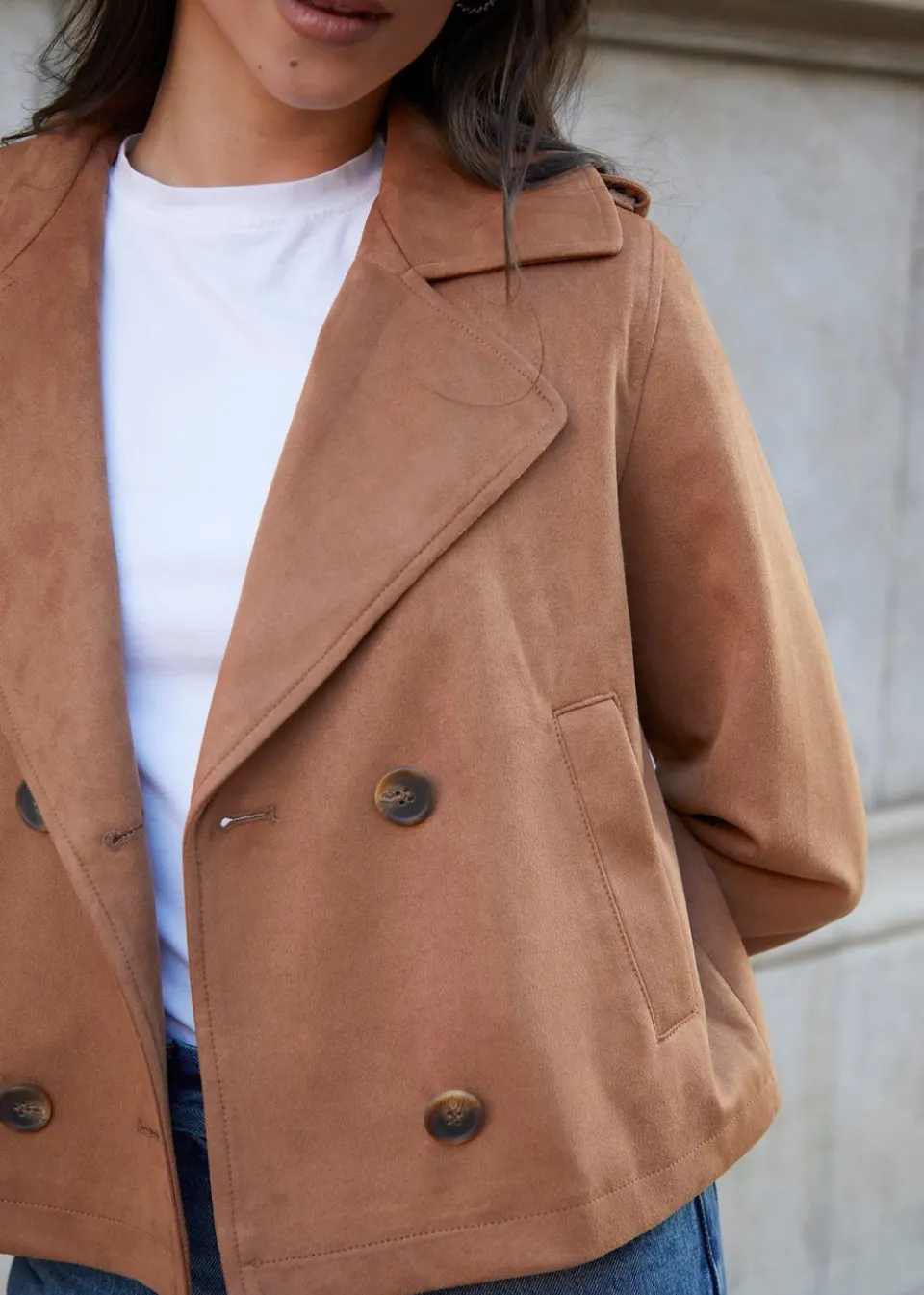 Coats & Jackets>Threadbare Beige Cropped Suedette Trench Coat