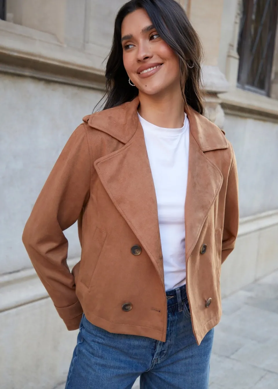 Coats & Jackets>Threadbare Beige Cropped Suedette Trench Coat